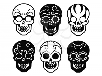 Black mexican skull icons. Vector decorative ornate skulls isolated on white