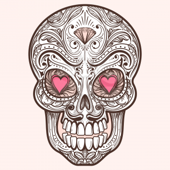 Cute mexican sugar skull with hearts and diamond, vector illustration