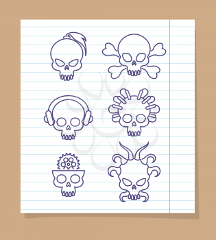 Cute skulls on notebook page background. Vector linear skull icons design