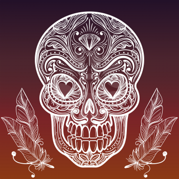 Hand drawn ornate decorative hand sketched mexican skull and feathers. Vector illustration