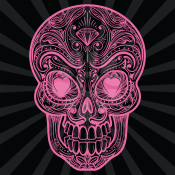 Pink mexican sugar skull tatoo on dark background. Vector illustration