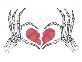 Broken heart in skeleton hands isolated on white background. Vector illustration