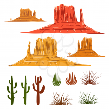 Wild nature cartoon elements of mexican or desert landscape, vector illustration