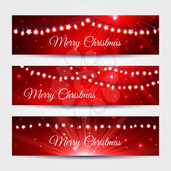 Set of banners with christmas light garlands, on red, vector illustration