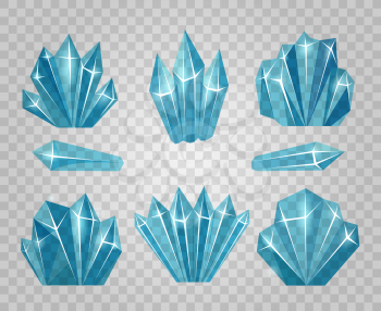Ice crystals. Icy water cubes isolated on transparent background and icicle cold blocks vector illustration
