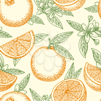 Orange fruit hand drawn pattern. Yellow oranges, green leaves and flowers seamless background pattern vector drawing