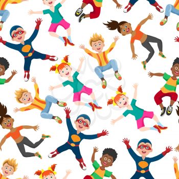 Cute happy kids seamless pattern, energy girls and boys background. Vector illustration