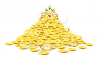 Pile of treasure. Vector ancient gold heap with golden crown isolated on white background for casino and games