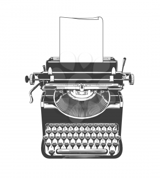 Typewriter. Vintage type writer machine with paper old style vector sketch drawing