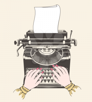 Copywriter concept. Copywriting or blogging vector illustration with vintage typewriter and author hands