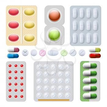 Pills and capsules drugs. Tablet and capsule medicines isolated on white background, vector medication bundle or blister icons