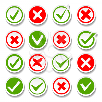 Wrong and right buttons. Vector true or false answer signs, good success yes and bad failure not symbols