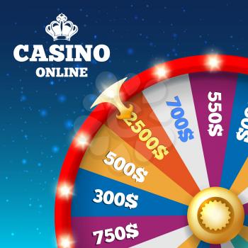 Online casino poster. Money spin wheel for turning casino game and chance of fortune concept vector illustration