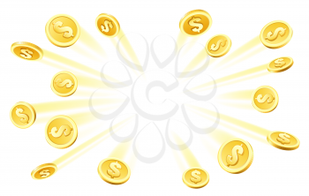 Coins explosion. Gambling gold rain, dollar coins heap money explosion for casino abundance concept vector illustration