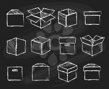 Boxes on chalk board. Closed and open packaging boxes sketch for delivery concepts vector illustration