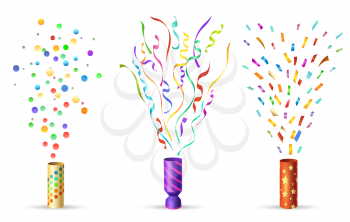 Party popper. Pulling cracker isolated on white background, confetti and streamers pulled party blower for celebration party vector illustration