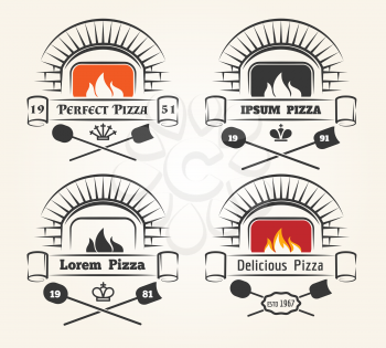 Firewood oven pizza logo. Traditional pizzeria emblems with fire, old wood fired brick oven and shovels isolated on white background, vector illustration