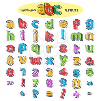 Colorful doodle alphabet. Kids handwritten doodles font or childlike pencil scratch letters and numbers vector illustration