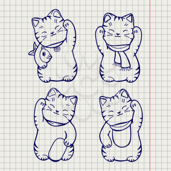Hand drawn cute kitten set on notebook page. Vector illustration