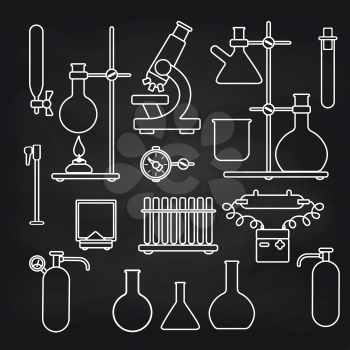White chemical lab icons set on chalkboard background. Vector illustration