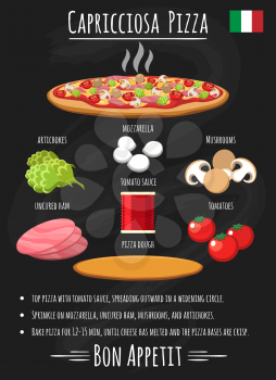 Capricciosa pizza recipe. Italian pizza with artichokes, mozzarella and uncured ham vintage poster on chalkboard vector illustration