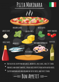 Pizza marinara recipe. Italian pizza with anchovies and seafood cocktail, basil leaves and chili sauce chalkboard poster, vector illustration