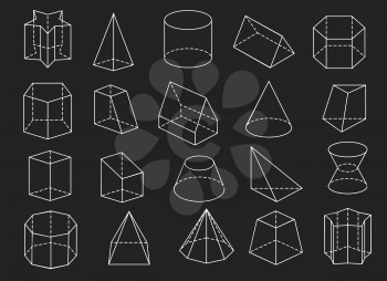 Line geometric shapes. 3d vector geometrical shape set like pyramid and cone, cylinder and pentagram