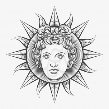 Apollo sun. Antique roman apollo sun face god engraving vector illustration or etching isolated on white background
