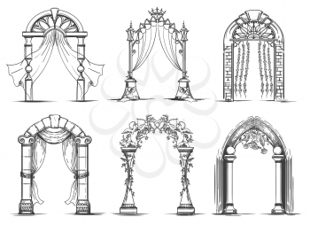 Wedding arches sketch. Vintage ink doodle arch entrance set for marriage ceremony vector illustration