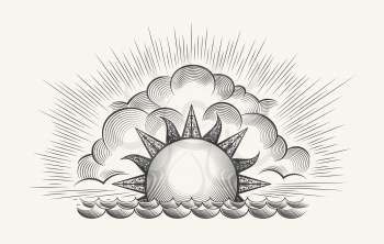 Sunrise engraving illustration. Vintage engraved sky vector with waves texture and rising sun etching on white background