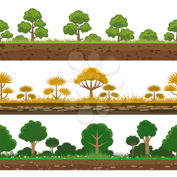 Forest game backgrounds. Trees, grass and ground nature panorama set, cartoon forest horizontal seamless patterns vector illustration