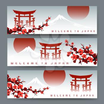 Horizontal banners with blossoming sakura, fuji mountain and japan torii door or asian art cards with chinese gate vector illustration