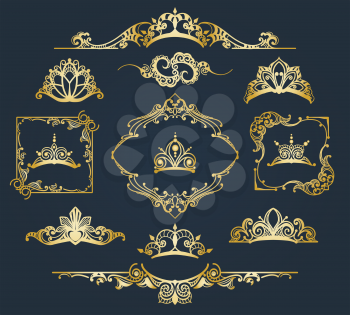 Victorian style golden decor elements. Filigree vector royal motif gold design calligraphic ornament items isolated on blue background