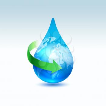 Earth drop with green arrow. Recycle water concept, vector illustration