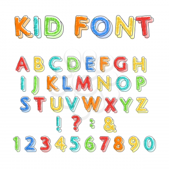 Colorful doodle alphabet. Kids handwritten doodles font or childlike pencil scratch letters and numbers vector illustration