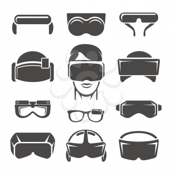 Virtual reality icons. Vr glasses, game simulation helmet and 3d headset device, vector illustration