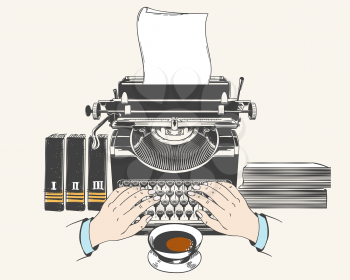 Typewriter blogging or copywriting concept. Retro type writer machine with paper old style drawing vector illustration