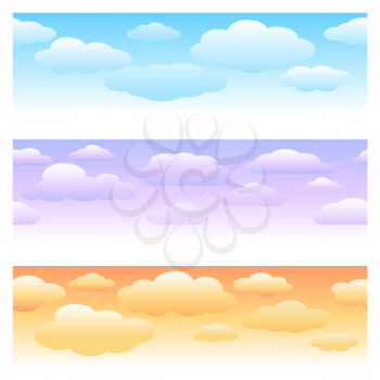 Clouds horizontal seamless patterns. Morning, evening and daytime backgrounds with cumulus clouds vector illustration