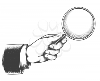 Vintage magnifier glass. Victorian man hand with magnifying glass sketch, detective hand with lupe doodle drawing vector illustration