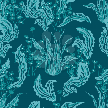 Seaweed pattern. Silhouette underwater plants seamless pattern, sea flora blue background vector illustration