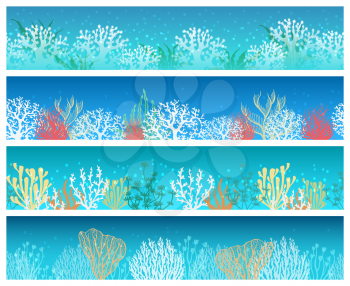 Seaweed banners. Seaweeds and corals banner set, ocean or deep sea horizontal paper cards vector backgrounds