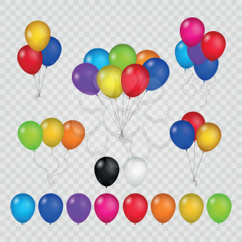 Colored balloons isolated on transparent background. Flying helium brightly air balloon set for birthday party vector illustration