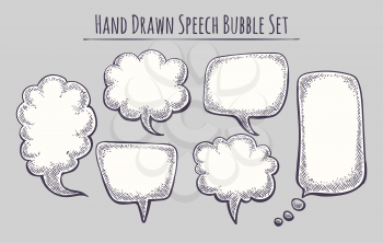 Hand drawn speech bubble set. Sketch text bubbls style templates for chat, drawing cartoon bubbly balloons elements, fun vintage communication talking clouds vector illustration