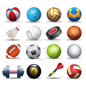 Sports equipment pack. Balling and baseball balls, badminton and golf inventory, rugby and darts isolated equipements, cartoon sport pack vector illustration