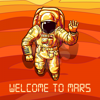 Astronaut on mars. Vector computer illustration with spaceman pioneer on cosmos red planet surface, planets discovery poster, galaxy exploration concept