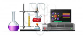 Bio lab experiment. Reagents, biologics and chemical instruments cartoon vector illustration, science experience and discovery laboratory research theme