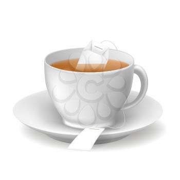Hot brown tea cup. Closeup herbal tea cups food object with steam or smoke and teabag isolated on background