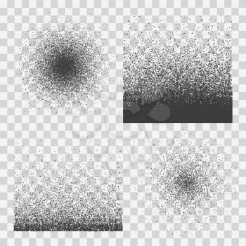 Stipple halftone gradients. Noise textures on transparent, stippling dots grunge spray backdrops, grainy screen effect patterns, abstract scratch backgrounds