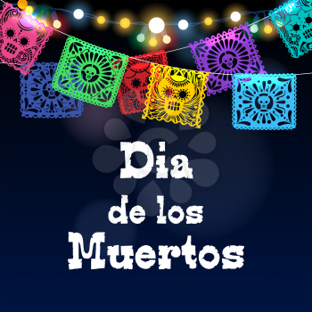 Death poster of mexican day. Banner of traditional festival with slogan dia de los muertos, vector illustration of skulls ornaments in ritual flags