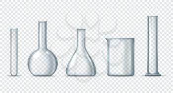 Laboratory glass equipment. Chemical and biological lab beaker and cylinder test tube, flask and retort closeup, clean measuring flasks and scientific beakers vector illustration